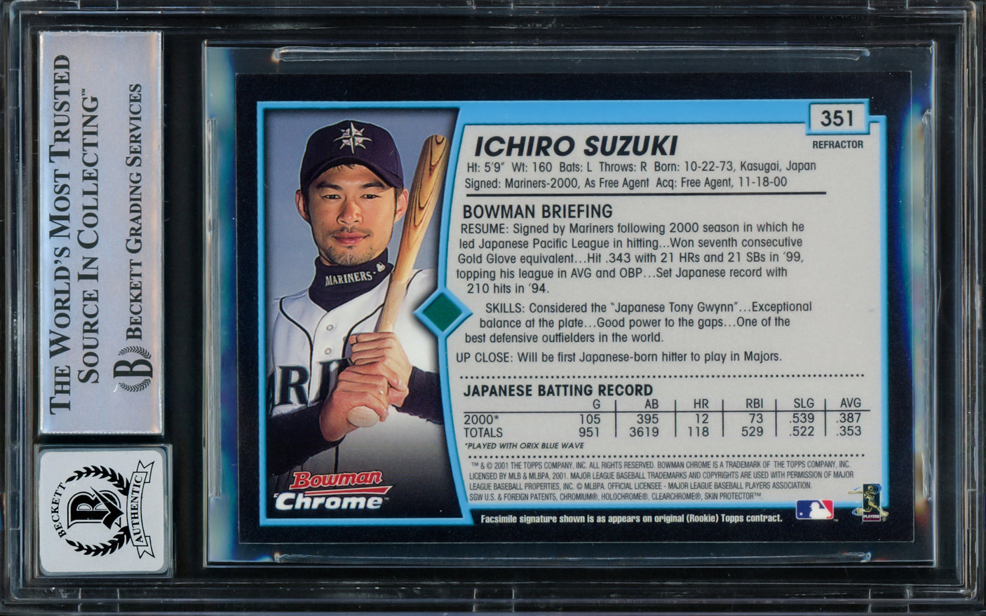 Ichiro Suzuki Autographed 2001 Bowman Chrome Refractor Rookie Card #351 Seattle Mariners Auto Grade Gem Mint 10 "01 ROY/MVP" Beckett BAS #15093557
