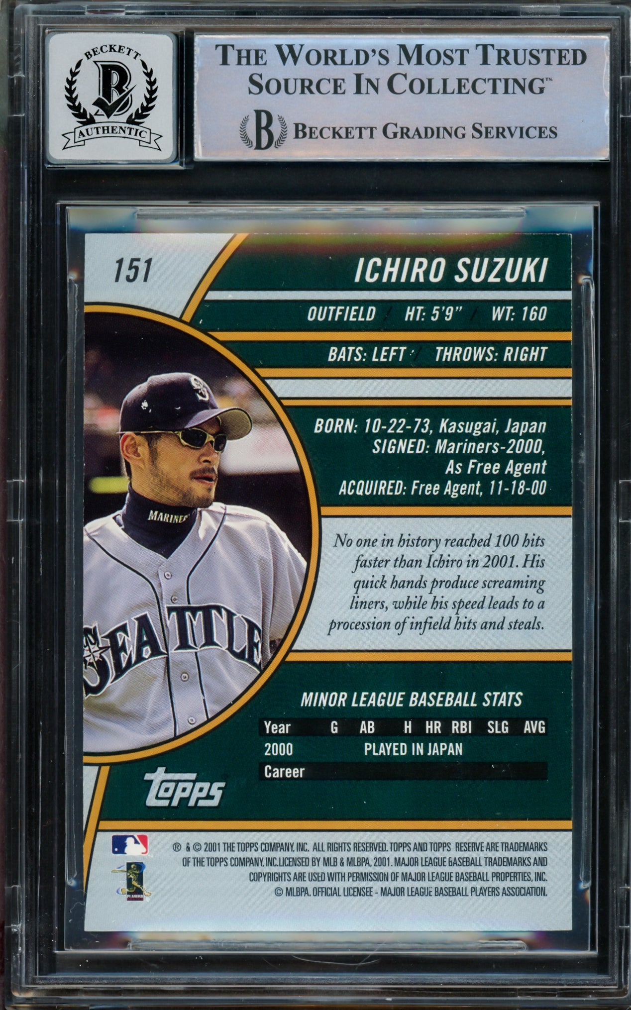 Ichiro Suzuki Autographed 2001 Topps Reserve Rookie Card #151 Seattle Mariners Auto Grade Gem Mint 10 "01 ROY/MVP" Beckett BAS #15093572
