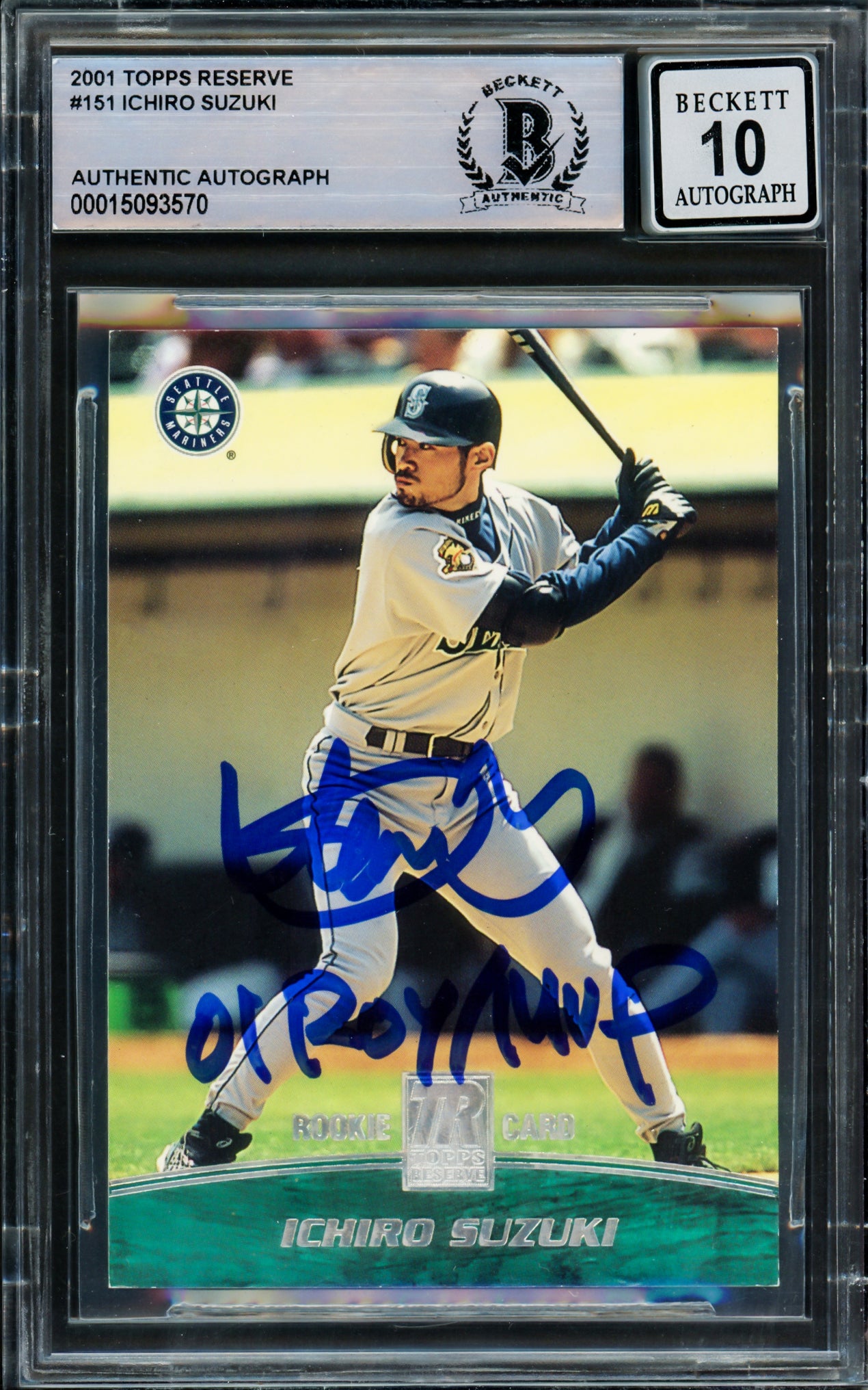 Ichiro Suzuki Autographed 2001 Topps Reserve Rookie Card #151 Seattle Mariners Auto Grade Gem Mint 10 "01 ROY/MVP" #1474/1500 Beckett BAS #15093570