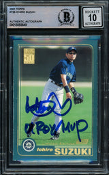 Ichiro Suzuki Autographed 2001 Topps Tiffany Limited Edition Rookie Card #726 Seattle Mariners Auto Grade Gem Mint 10 "01 ROY/MVP" Beckett BAS #15093649