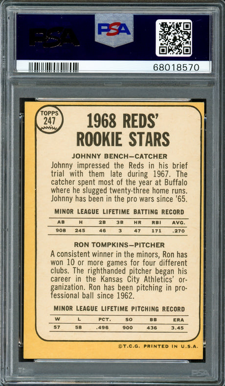 Johnny Bench Autographed 1968 Topps Rookie Card #247 New York Mets PSA 6 Auto Grade Gem Mint 10 PSA/DNA #68018570