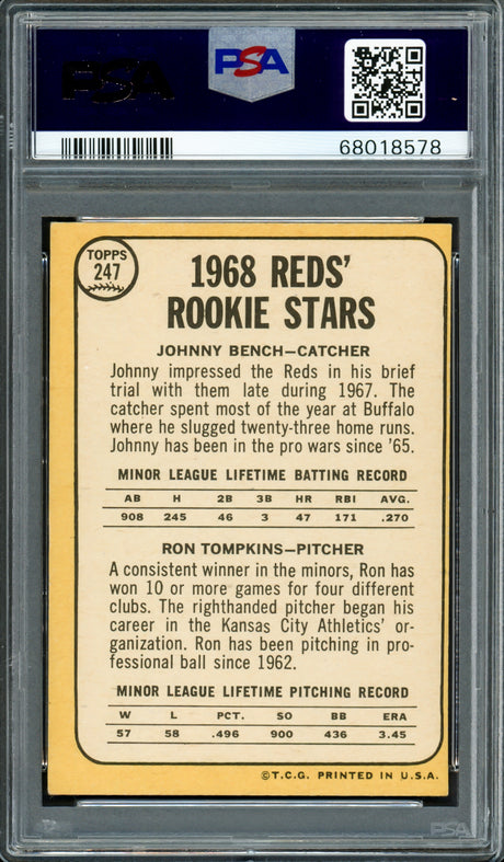Johnny Bench Autographed 1968 Topps Rookie Card #247 New York Mets PSA 5 Auto Grade Gem Mint 10 PSA/DNA #68018578