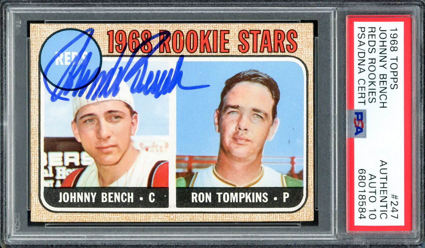 Johnny Bench Autographed 1968 Topps Rookie Card #247 New York Mets Auto Grade Gem Mint 10 PSA/DNA #68018584