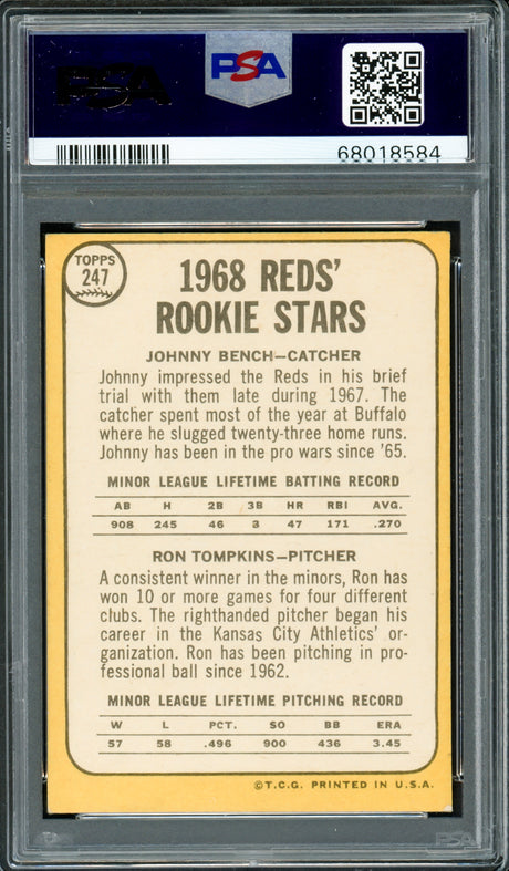 Johnny Bench Autographed 1968 Topps Rookie Card #247 New York Mets Auto Grade Gem Mint 10 PSA/DNA #68018584