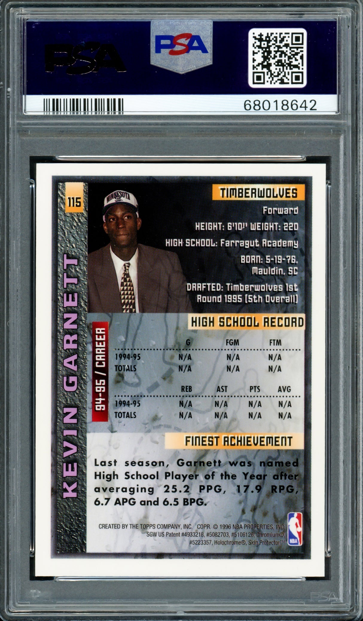 Kevin Garnett Autographed 1995 Topps Finest Rookie Card #115 Minnesota Timberwolves PSA 8 Auto Grade Gem Mint 10 PSA/DNA Stock #211157