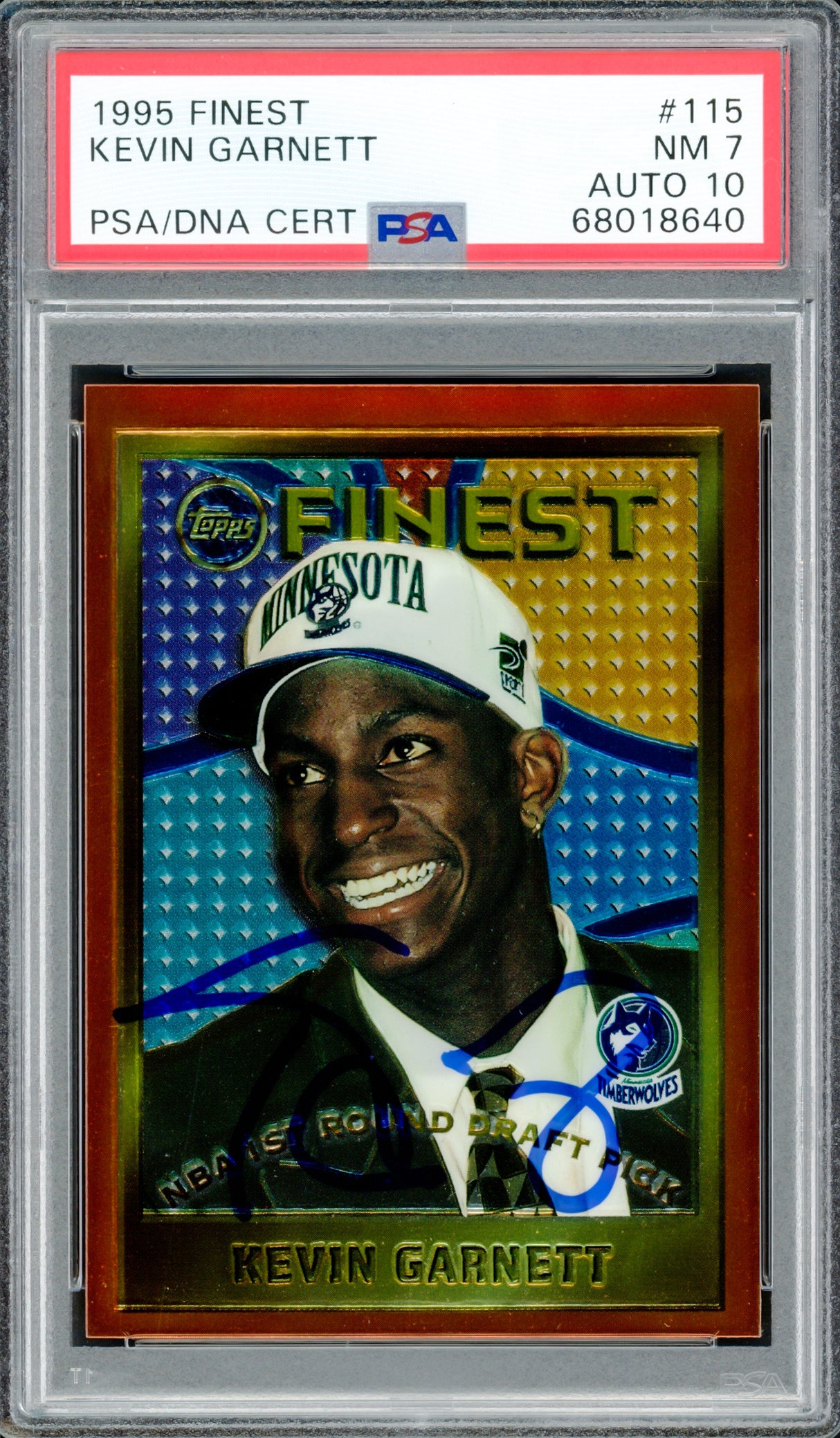 Kevin Garnett Autographed 1995 Topps Finest Rookie Card #115 Minnesota Timberwolves PSA 7 Auto Grade Gem Mint 10 PSA/DNA #68018640