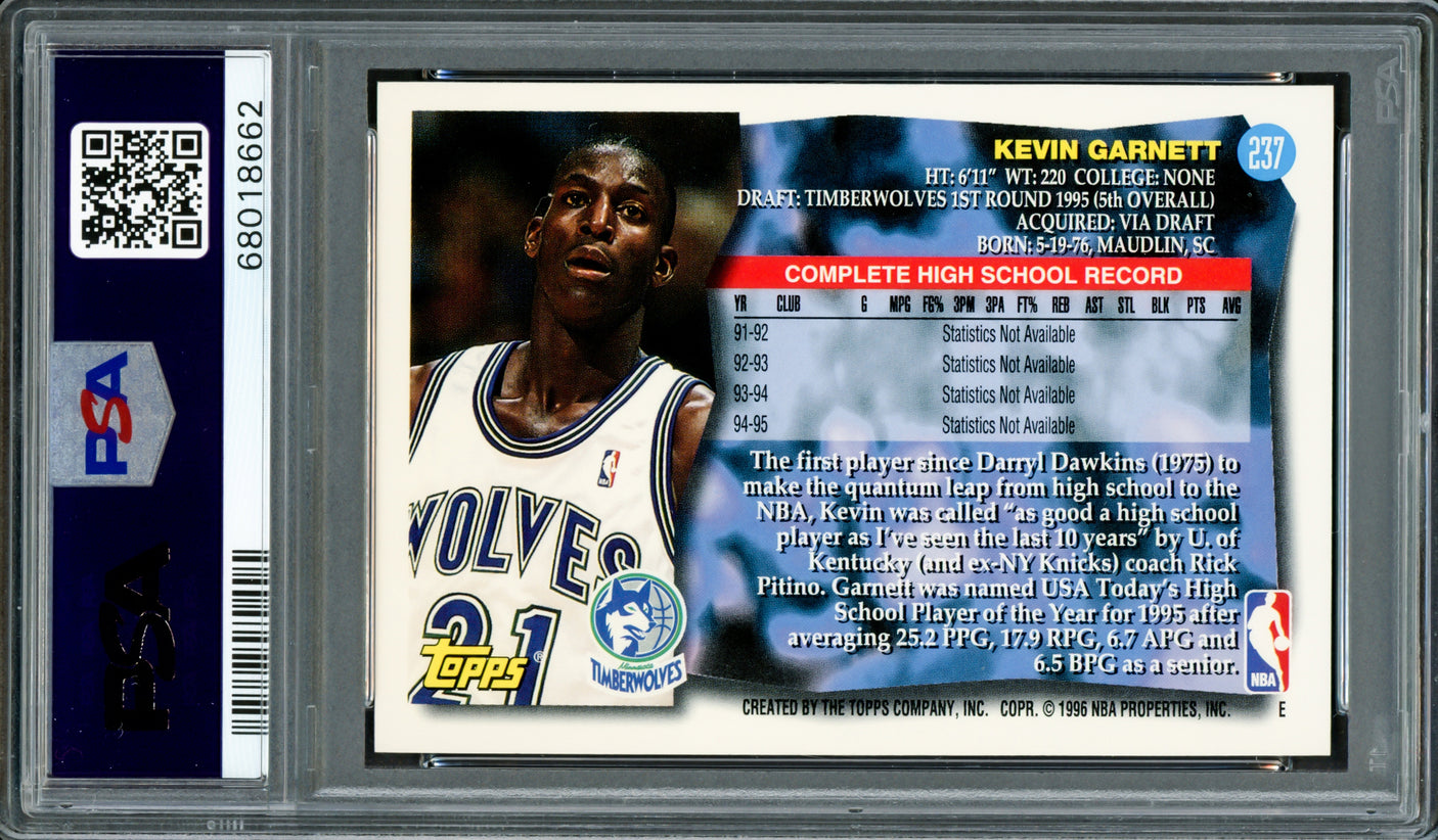 Kevin Garnett Autographed 1995 Topps Rookie Card #237 Minnesota Timberwolves PSA 9 Auto Grade Gem Mint 10 PSA/DNA Stock #211160