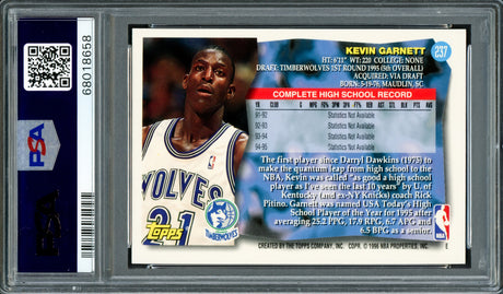Kevin Garnett Autographed 1995 Topps Rookie Card #237 Minnesota Timberwolves PSA 8 Auto Grade Gem Mint 10 PSA/DNA Stock #211162