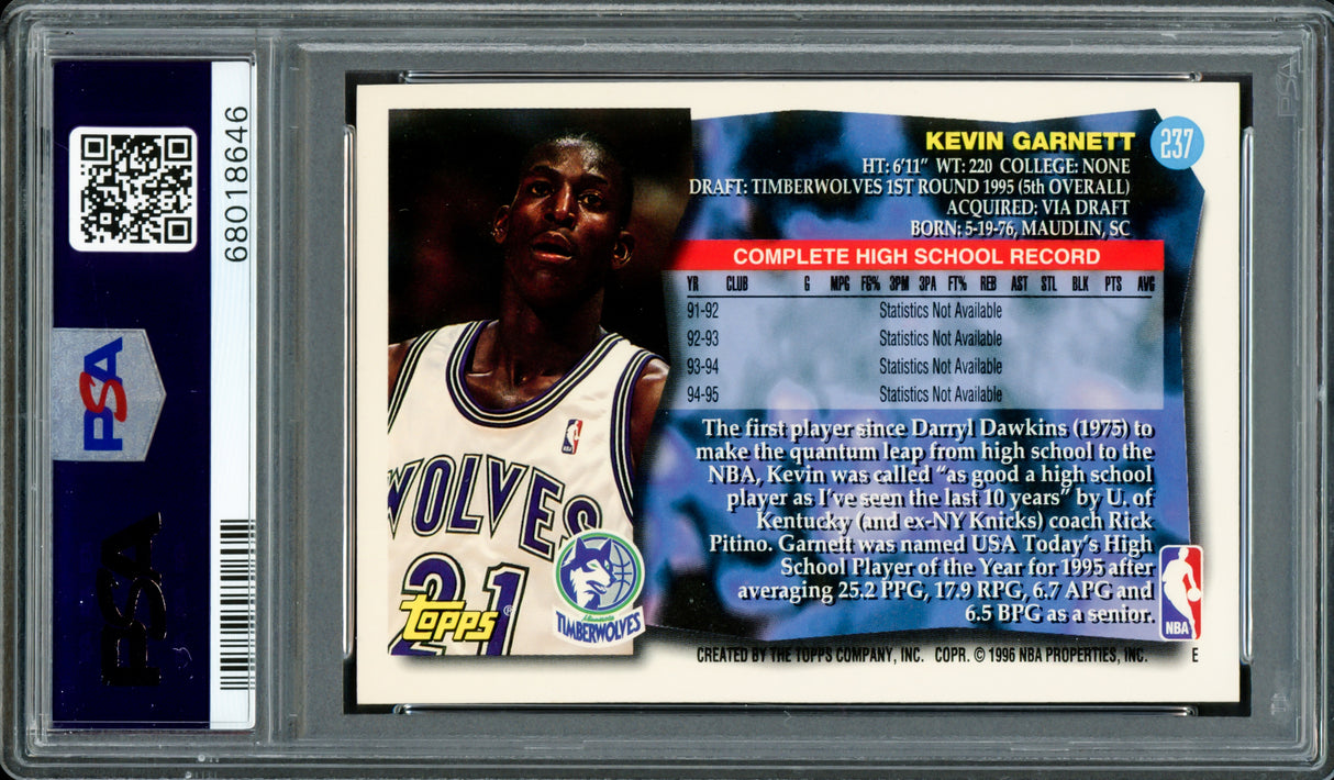 Kevin Garnett Autographed 1995 Topps Rookie Card #237 Minnesota Timberwolves PSA 7 Auto Grade Gem Mint 10 PSA/DNA #68018646