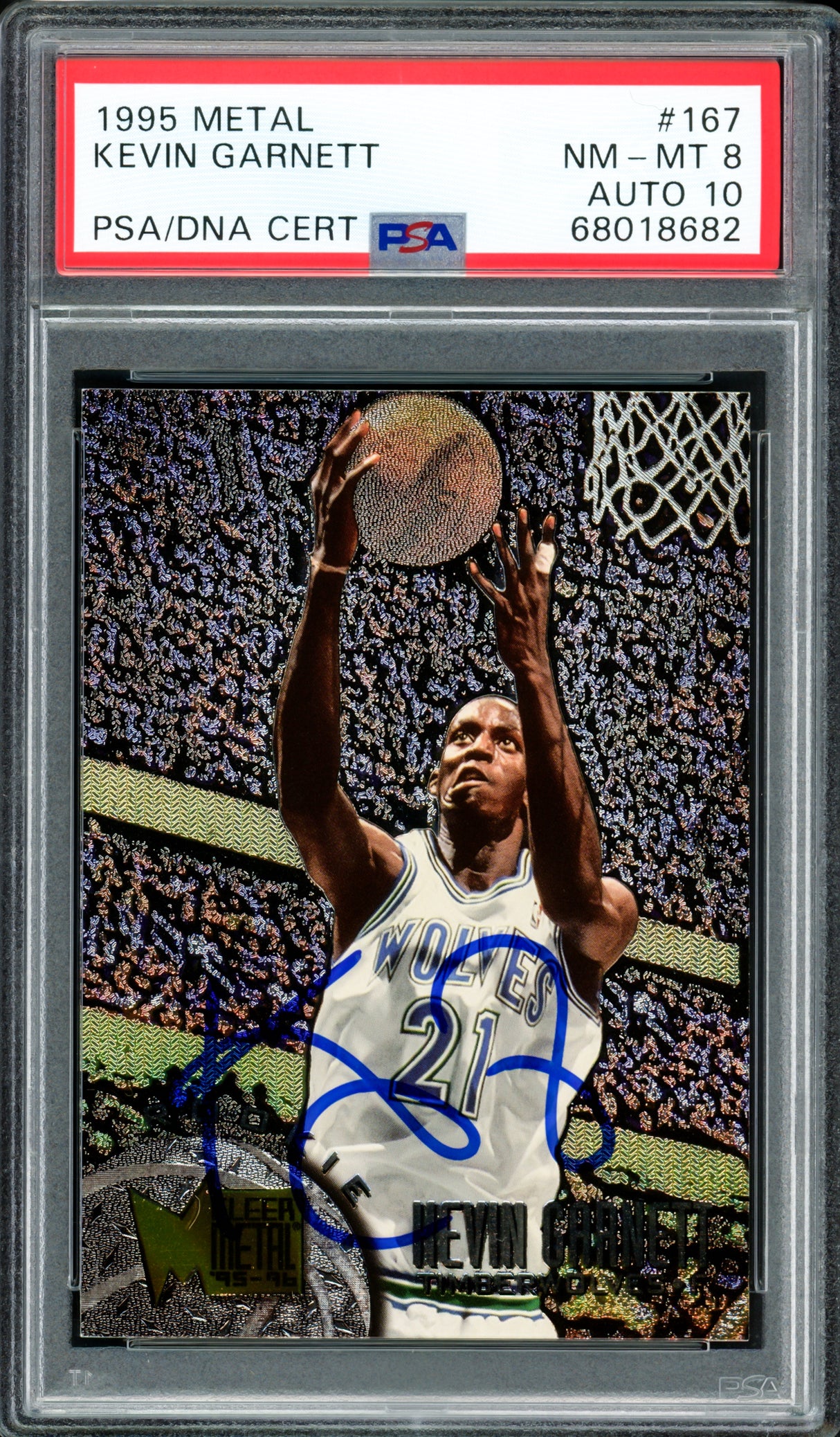 Kevin Garnett Autographed 1995-96 Fleer Metal Rookie Card #167 Minnesota Timberwolves PSA 8 Auto Grade Gem Mint 10 PSA/DNA #68018682