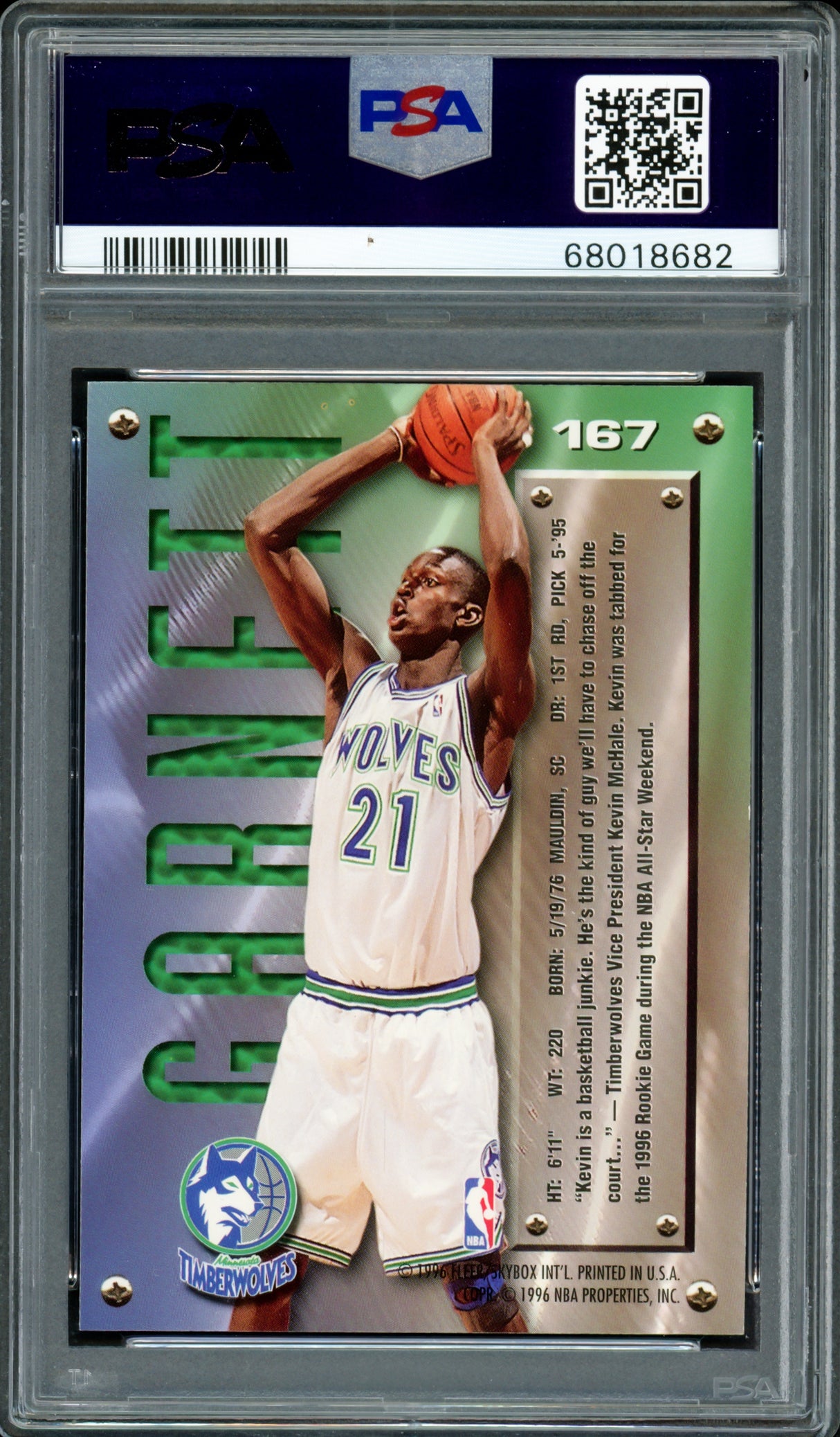 Kevin Garnett Autographed 1995 Fleer Metal Rookie Card #167 Minnesota Timberwolves PSA 8 Auto Grade Gem Mint 10 PSA/DNA #68018682