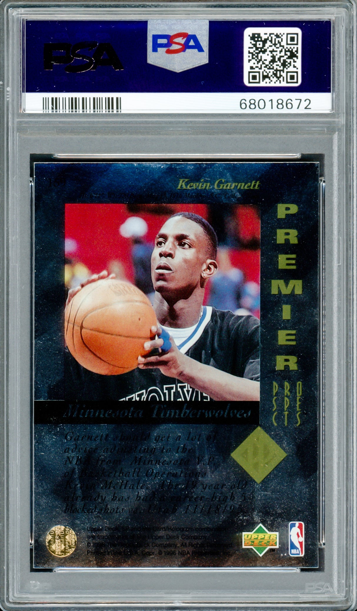 Kevin Garnett Autographed 1995 Upper Deck SP Rookie Card #159 Minnesota Timberwolves PSA 9 Auto Grade Gem Mint 10 PSA/DNA Stock #211169