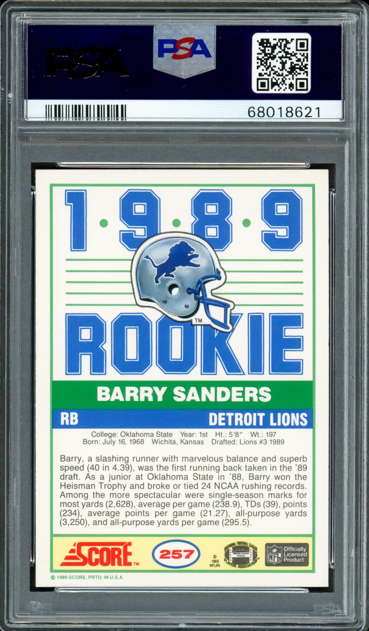 Barry Sanders Autographed 1989 Score Rookie Card #257 Detroit Lions PSA 7 Auto Grade Gem Mint 10 PSA/DNA #68018621