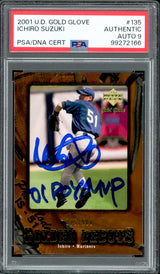 Ichiro Suzuki Autographed 2001 Upper Deck Gold Glove Rookie Card #135 Seattle Mariners Auto Grade Mint 9 "01 ROY/MVP" #75/500 PSA/DNA #99272166