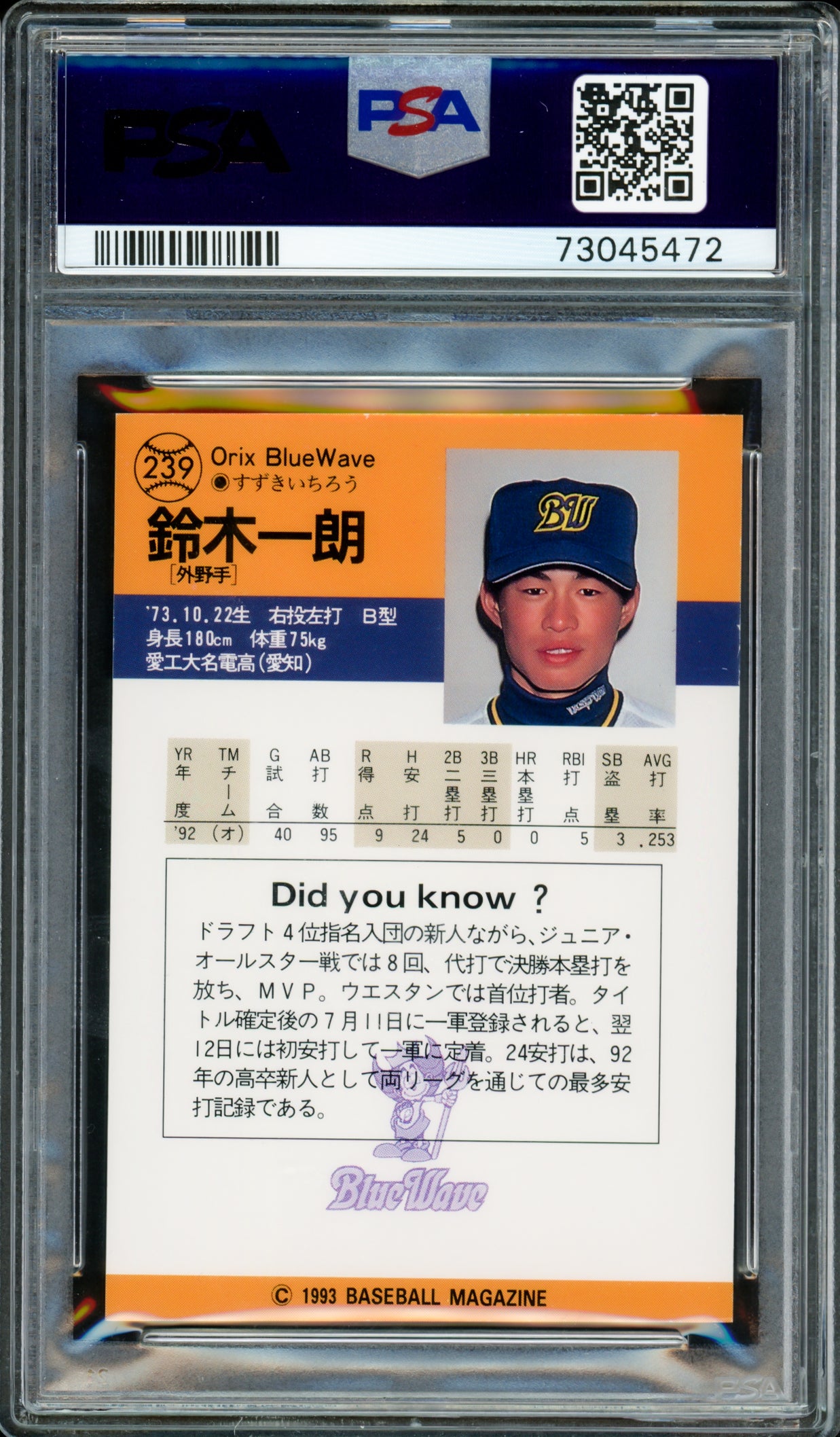 Ichiro Suzuki Autographed 1993 BBM Rookie Card #239 Orix Blue Wave PSA 8 Auto Grade Gem Mint 10 Signed In Kanji PSA/DNA #73045472
