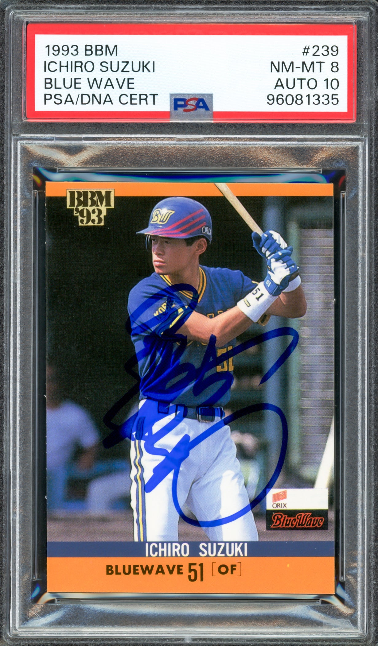 Ichiro Suzuki Autographed 1993 BBM Rookie Card #239 Orix Blue Wave PSA 8 Auto Grade Gem Mint 10 Signed In Kanji PSA/DNA #96081335