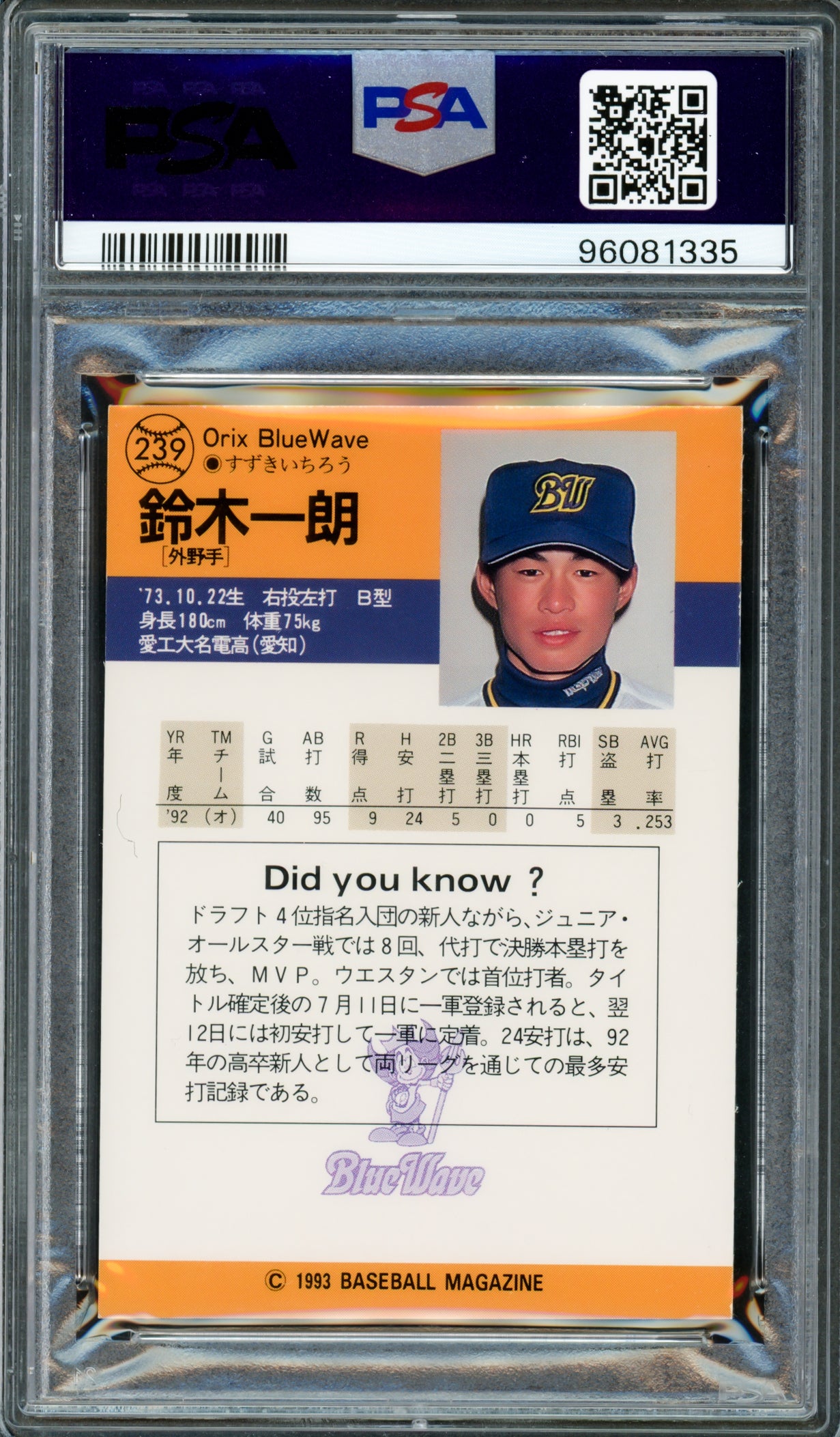 Ichiro Suzuki Autographed 1993 BBM Rookie Card #239 Orix Blue Wave PSA 8 Auto Grade Gem Mint 10 Signed In Kanji PSA/DNA #96081335