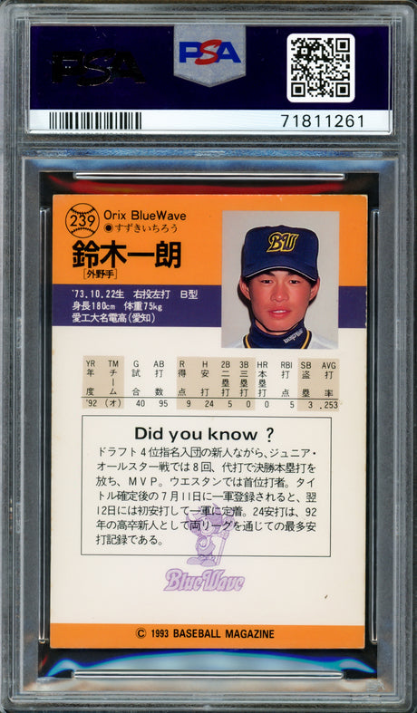 Ichiro Suzuki Autographed 1993 BBM Rookie Card #239 Orix Blue Wave Auto Grade Gem Mint 10 Signed In Kanji PSA/DNA #71811261