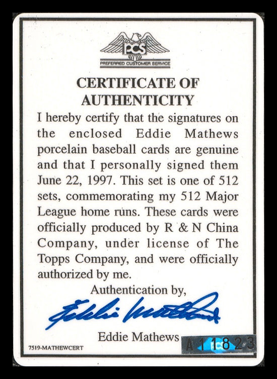 Eddie Mathews Autographed Porcelain Baseball Card Set Milwaukee Braves "53 59 HRC, 512 HRs & HOF 78" With 3 Signed Cards #36/512 Signature Series #A11823