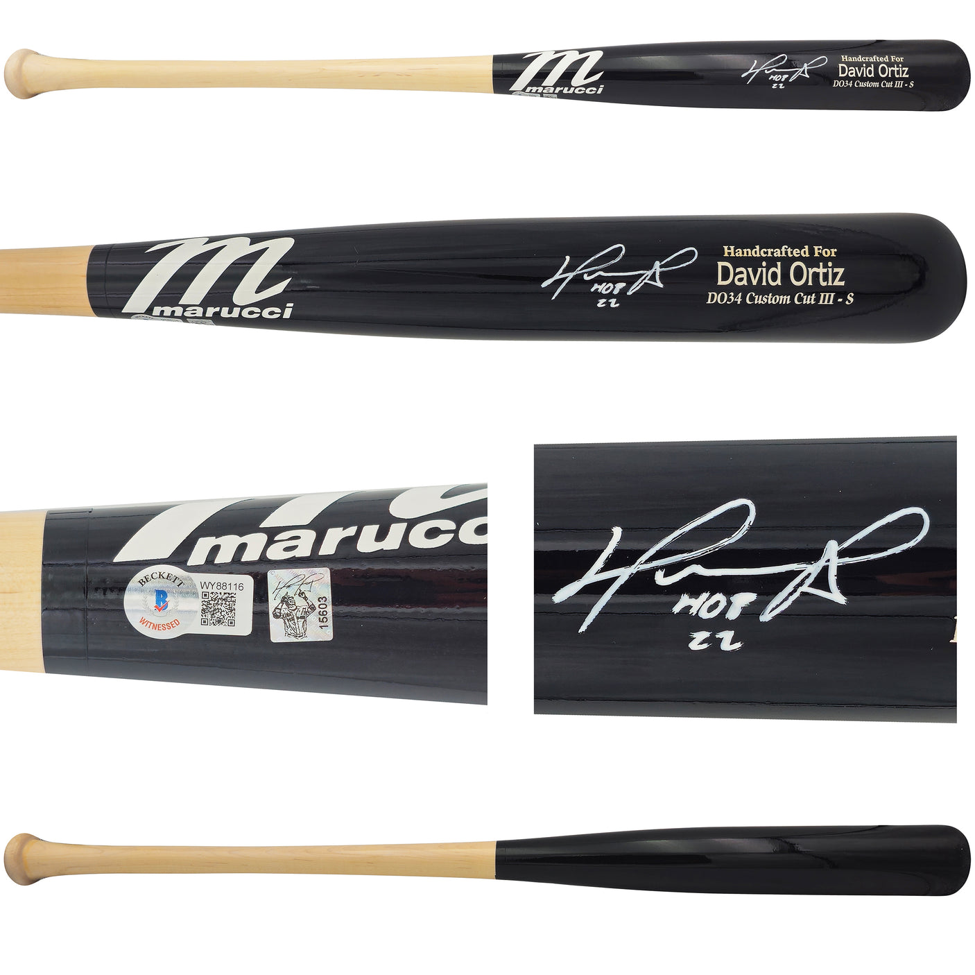 David Ortiz Autographed Black Marucci Player Model Baseball Bat Boston Red Sox "HOF 22" Beckett BAS Witness Stock #236708