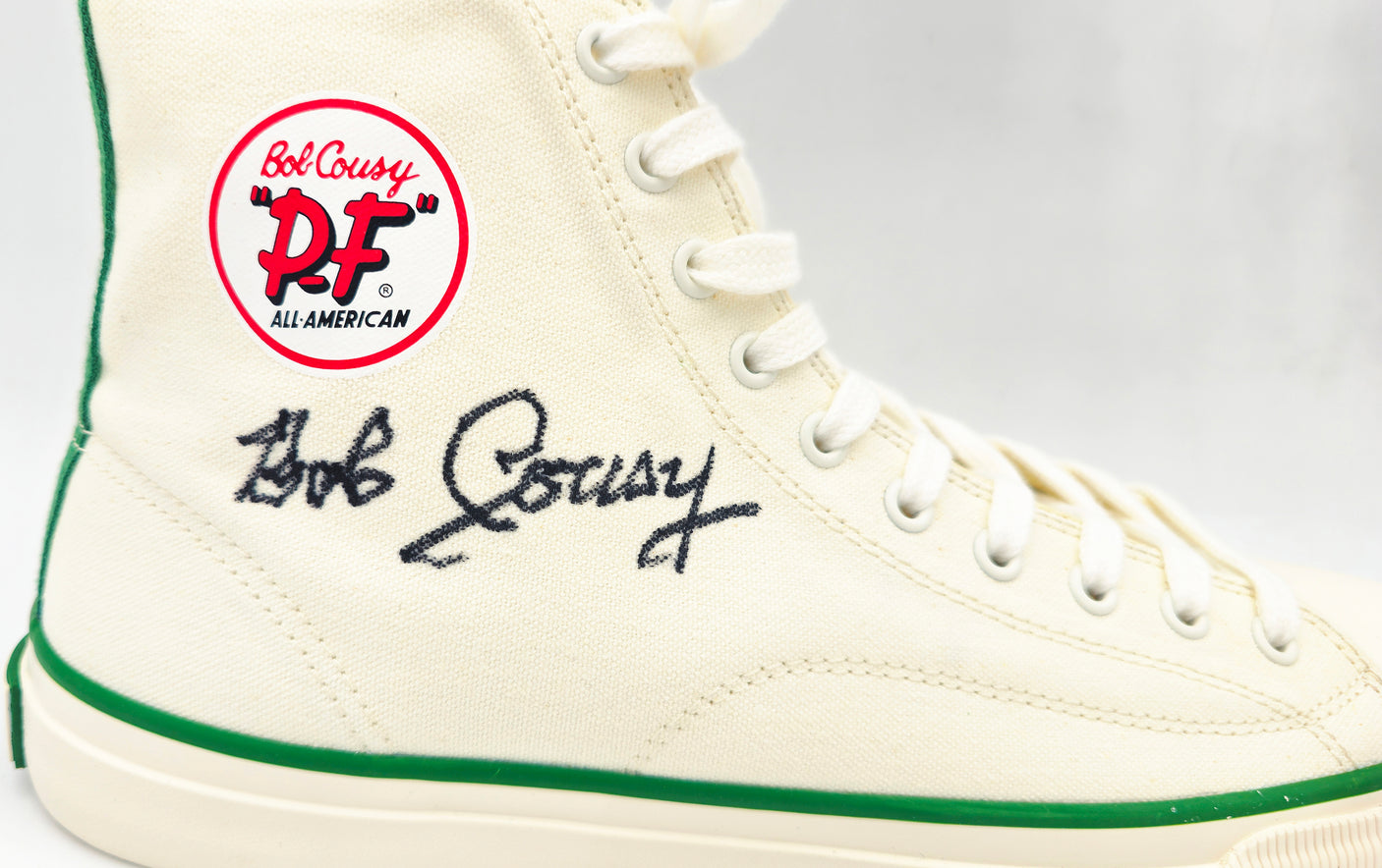 Bob Cousy Autographed White P.F. Flyers All-American HI Cousy Shoes Boston Celtics Size 12 Beckett BAS Witness Stock #236685