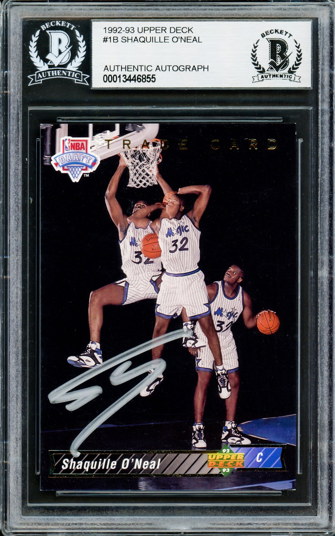 Shaquille Shaq O'Neal Autographed 1992-93 Upper Deck Rookie Card #1B Orlando Magic Beckett BAS Stock #211211
