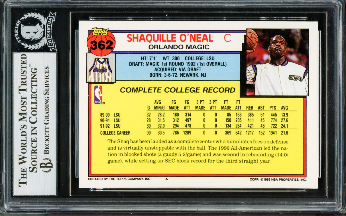 Shaquille Shaq O'Neal Autographed 1992-93 Topps Rookie Card #362 Orlando Magic Beckett BAS Stock #211212