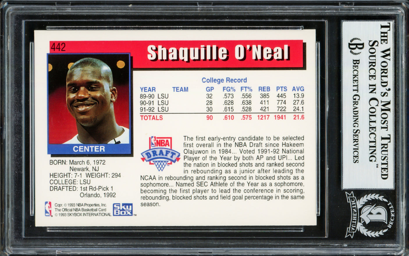 Shaquille Shaq O'Neal Autographed 1992-93 Hoops Rookie Card #442 Orlando Magic Beckett BAS Stock #211213