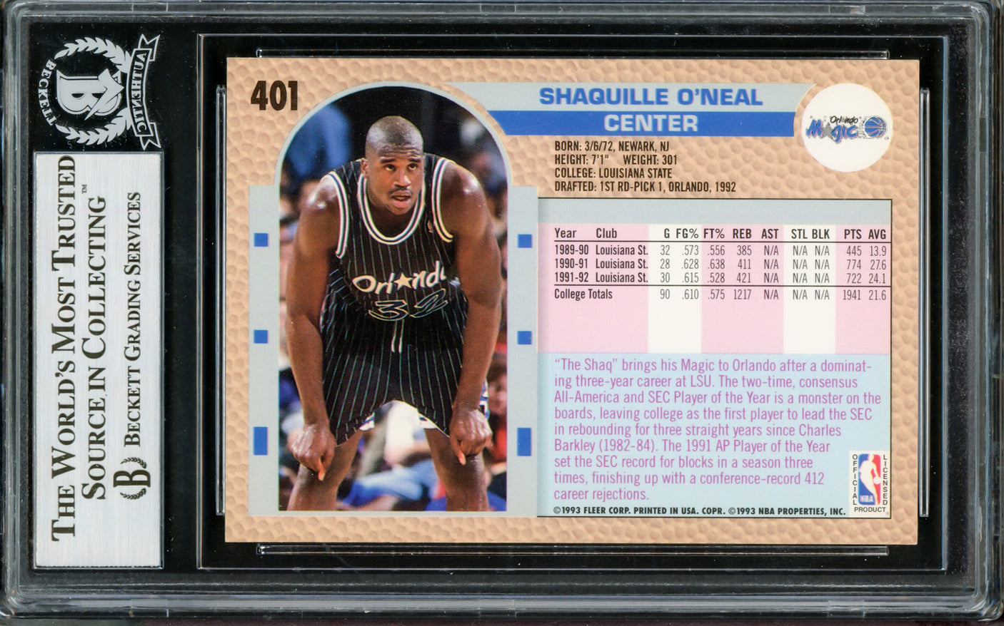 Shaquille Shaq O'Neal Autographed 1992-93 Fleer Rookie Card #401 Orlando Magic Thick Signature Beckett BAS Stock #211216