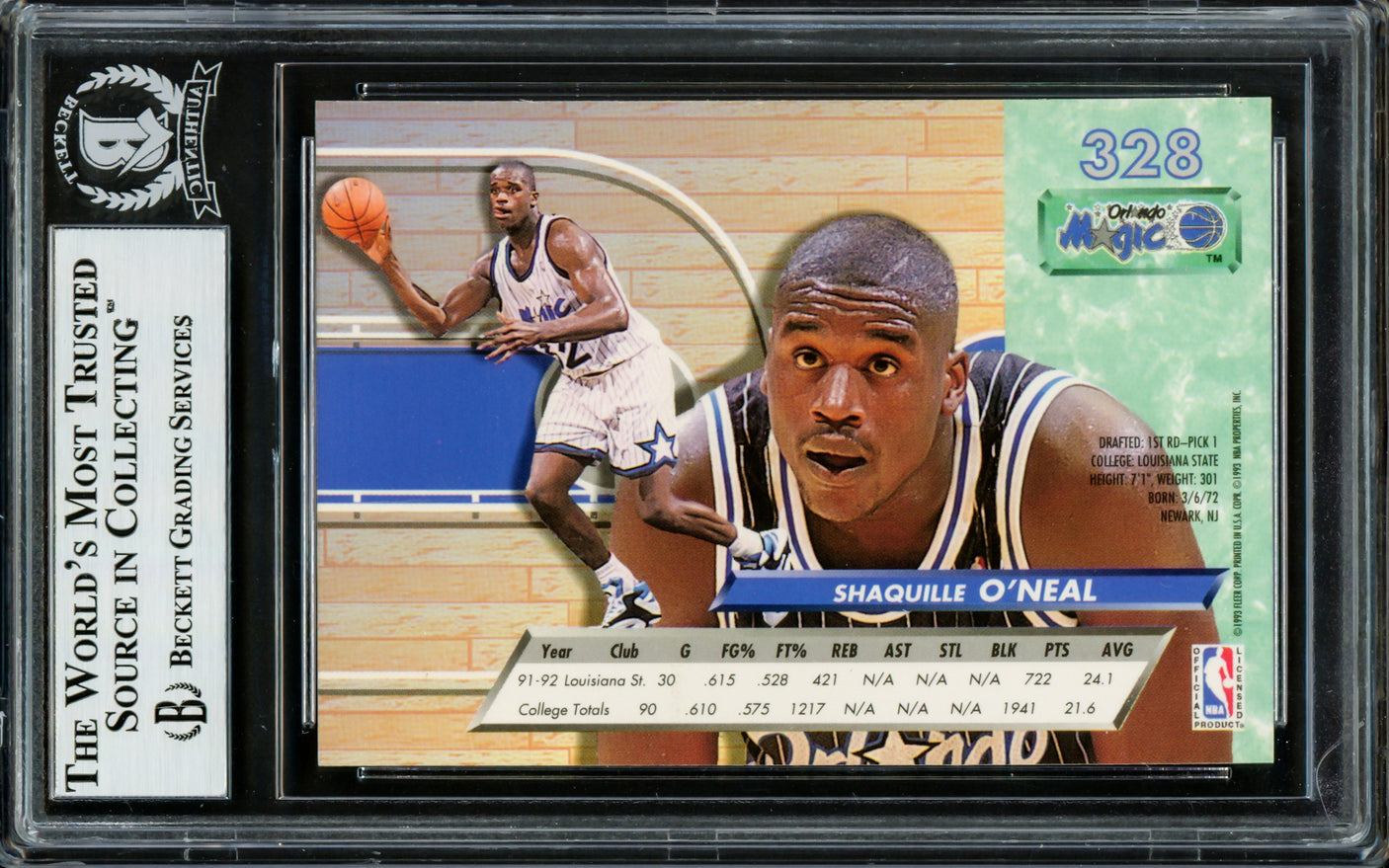 Shaquille Shaq O'Neal Autographed 1992-93 Fleer Ultra Rookie Card #328 Orlando Magic Beckett BAS Stock #211217