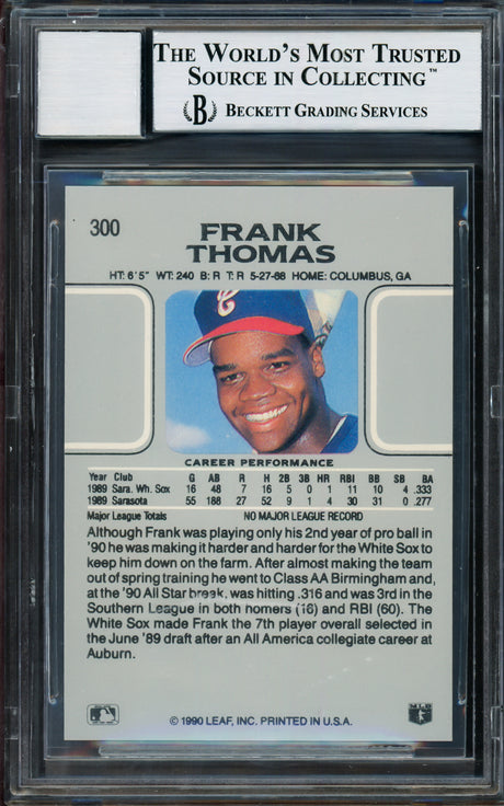 Frank Thomas Autographed 1990 Leaf Rookie Card #300 Chicago White Sox Auto Grade Gem Mint 10 Beckett BAS Stock #211218
