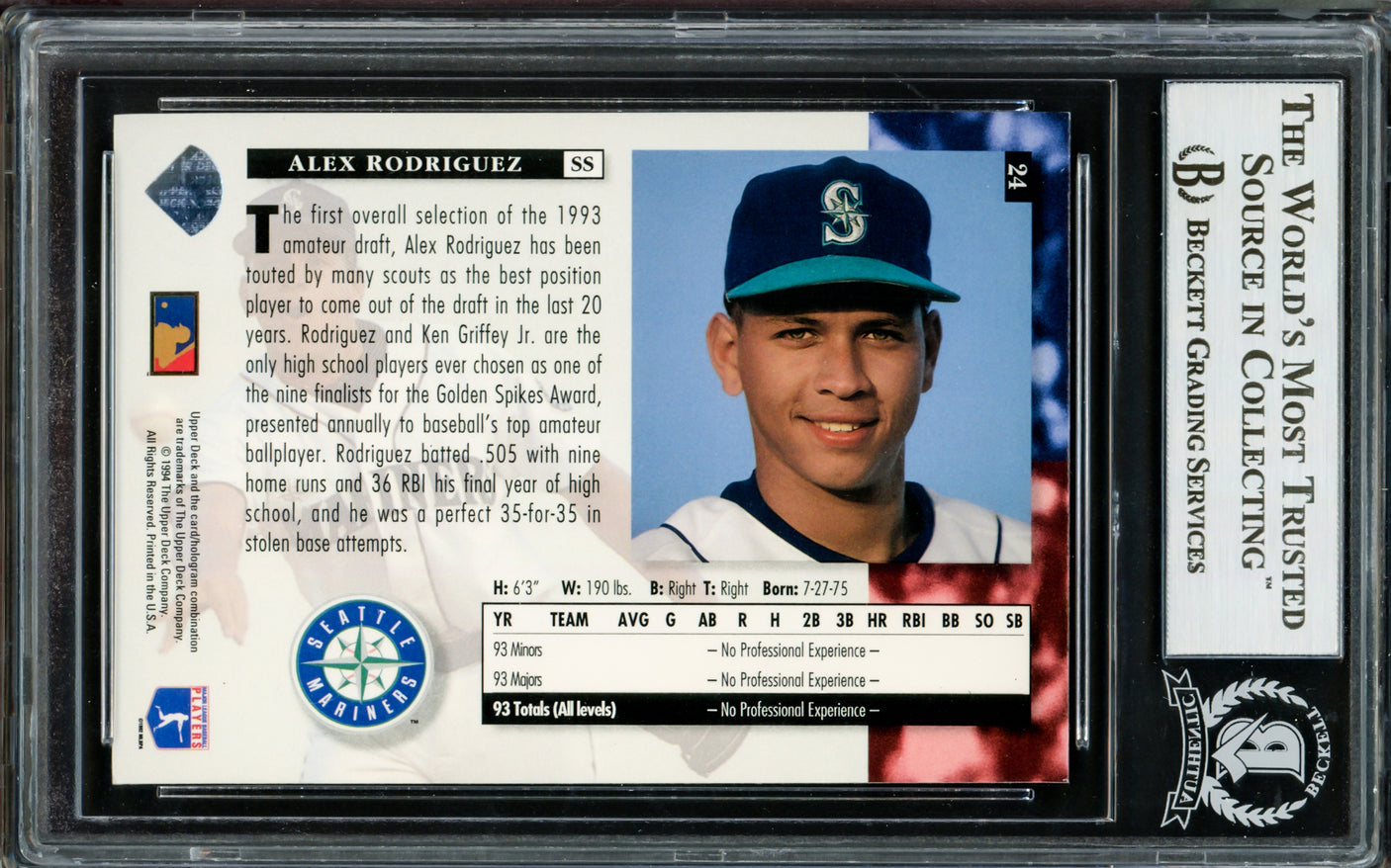 Alex Rodriguez Autographed 1994 Upper Deck Rookie Card #24 Seattle Mariners Beckett BAS Stock #211220