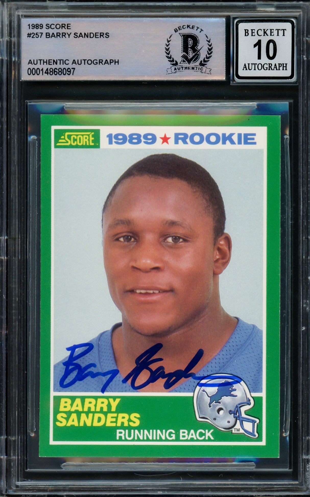 Barry Sanders Autographed 1989 Score Rookie Card #257 Detroit Lions Auto Grade Gem Mint 10 Beckett BAS Stock #211224