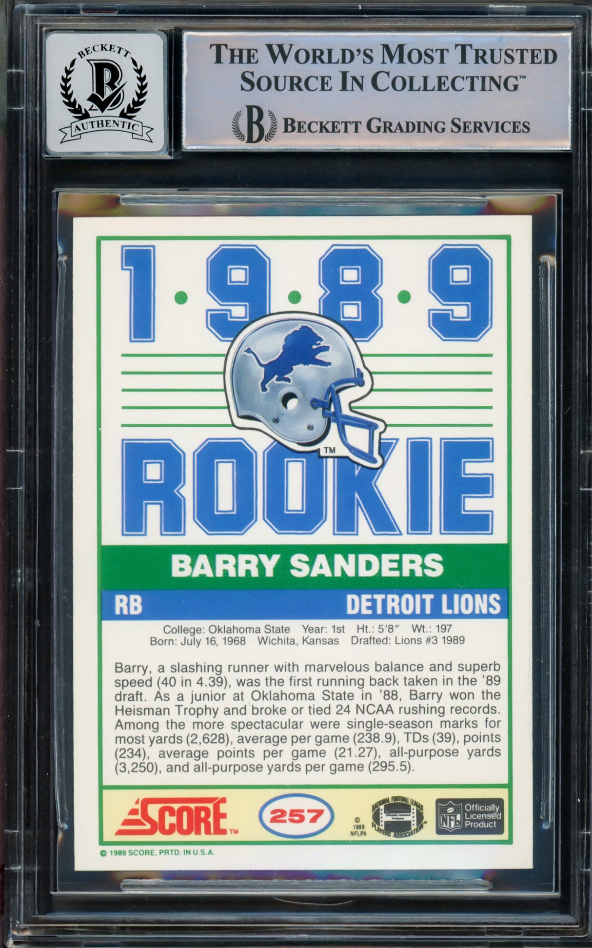 Barry Sanders Autographed 1989 Score Rookie Card #257 Detroit Lions Auto Grade Gem Mint 10 Beckett BAS Stock #211224
