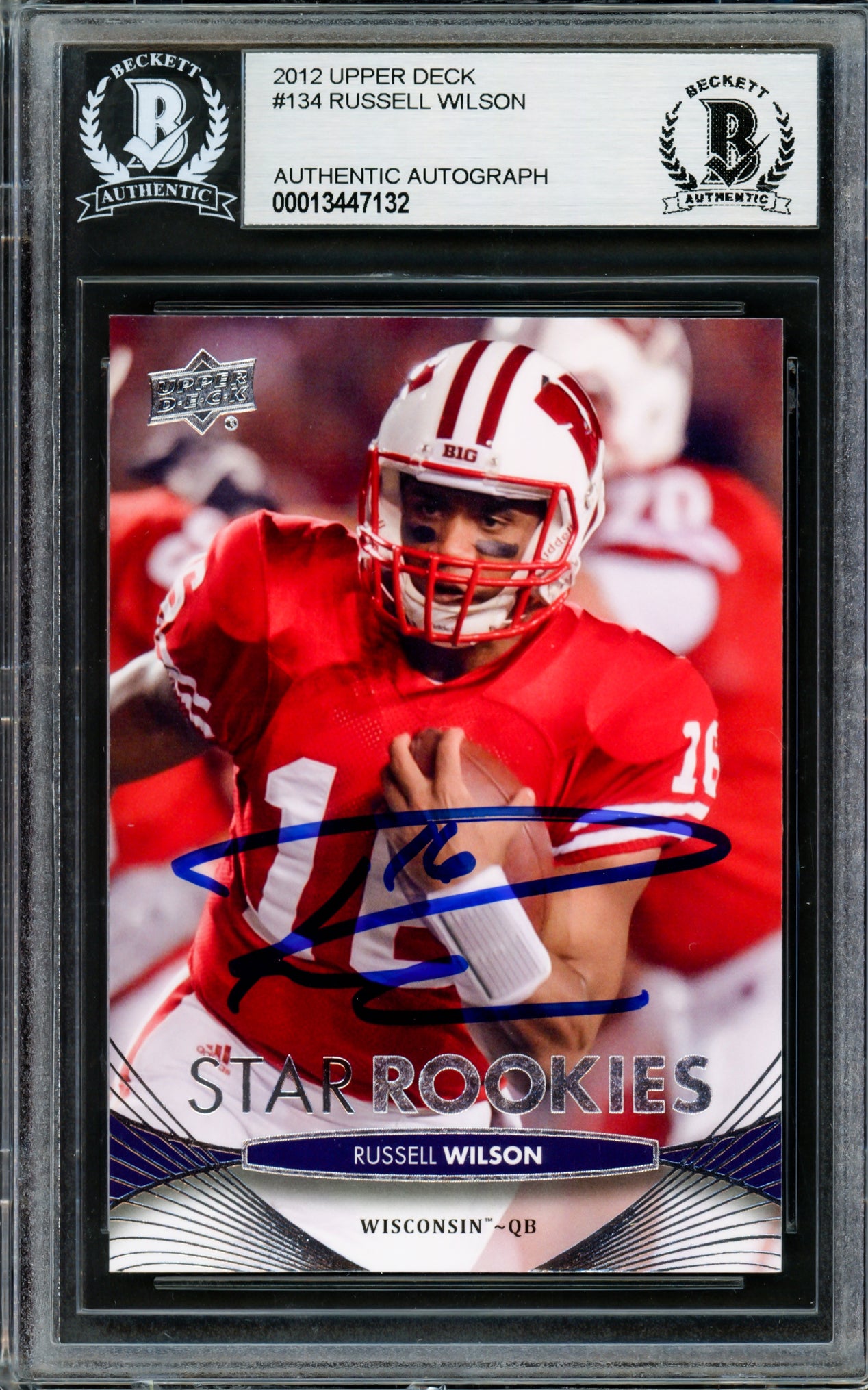 Russell Wilson Autographed 2012 Upper Deck Rookie Card #134 Seattle Seahawks Beckett BAS Stock #211228