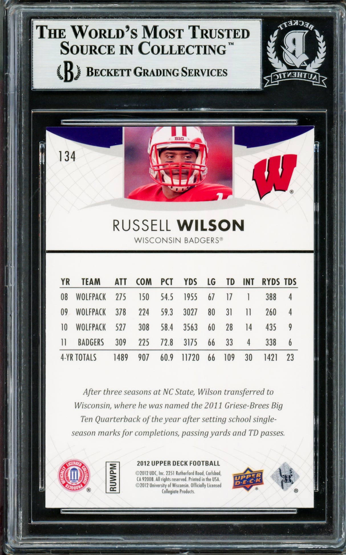Russell Wilson Autographed 2012 Upper Deck Rookie Card #134 Seattle Seahawks Beckett BAS Stock #211228