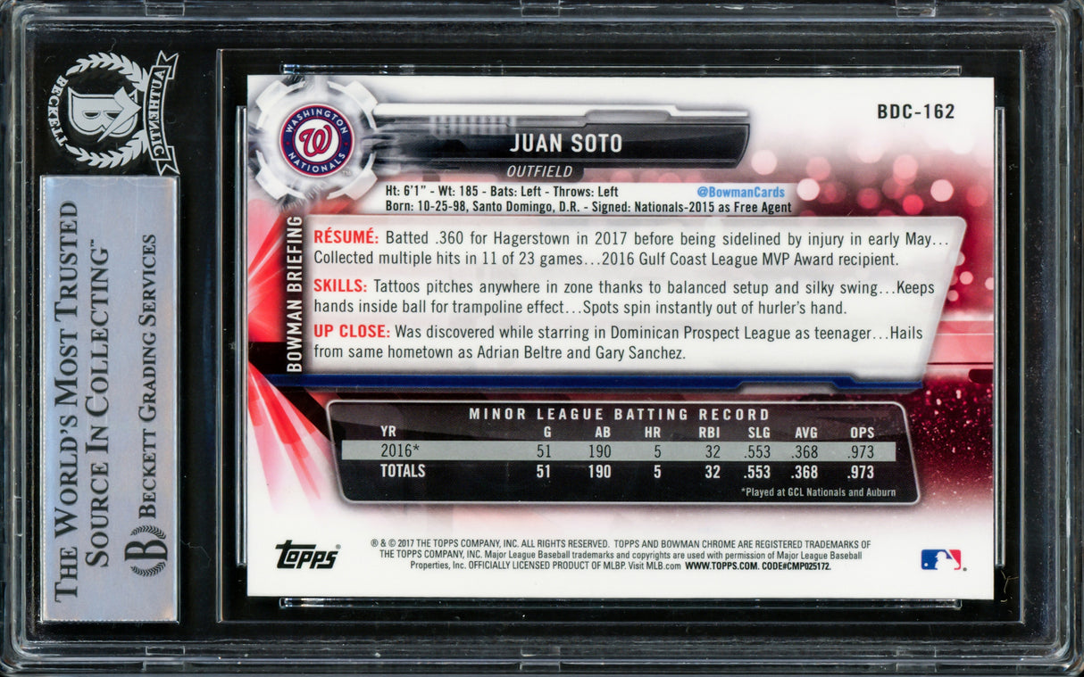 Juan Soto Autographed 2017 Bowman Chrome Draft Rookie Card #BDC162 New York Yankees Beckett BAS Stock #211229
