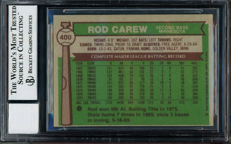 Rod Carew Autographed 1976 Topps Card #400 Minnesota Twins Auto Grade Gem Mint 10 Beckett BAS Stock #211232