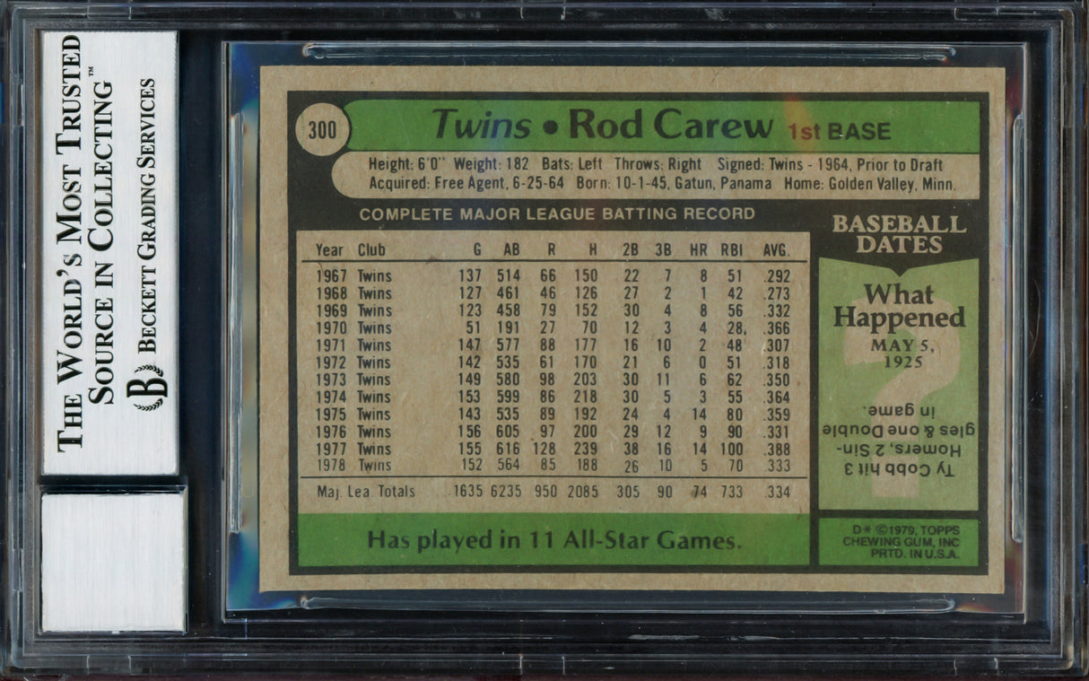 Rod Carew Autographed 1979 Topps Card #300 Minnesota Twins Auto Grade Gem Mint 10 Beckett BAS Stock #211234
