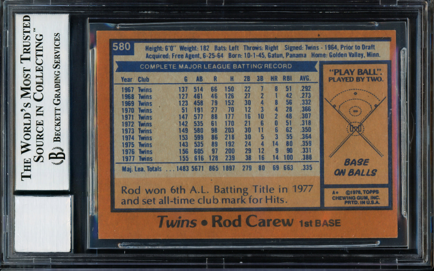 Rod Carew Autographed 1978 Topps Card #580 Minnesota Twins Auto Grade Gem Mint 10 Beckett BAS Stock #211235