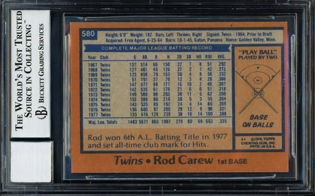 Rod Carew Autographed 1978 Topps Card #580 Minnesota Twins Auto Grade Gem Mint 10 Beckett BAS Stock #211235