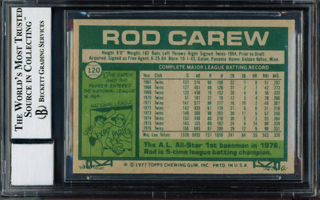 Rod Carew Autographed 1977 Topps Card #120 Minnesota Twins Auto Grade Gem Mint 10 Beckett BAS Stock #211236