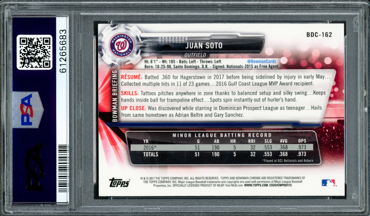 Juan Soto Autographed 2017 Bowman Draft Chrome Rookie Card #BDC162 New York Yankees PSA 9 PSA/DNA Stock #211326