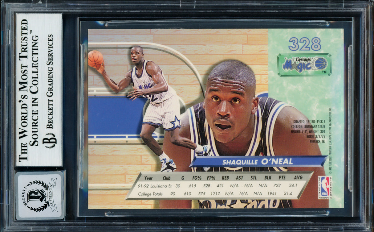 Shaquille Shaq O'Neal Autographed 1992-93 Fleer Ultra Rookie Card #328 Orlando Magic Auto Grade Gem Mint 10 Beckett BAS Stock #211327