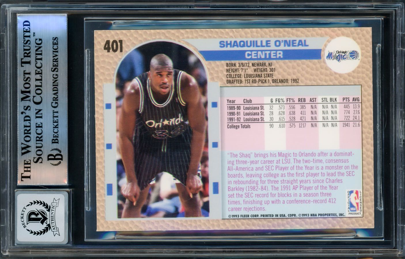 Shaquille Shaq O'Neal Autographed 1992-93 Fleer Rookie Card #401 Orlando Magic Auto Grade Gem Mint 10 Beckett BAS Stock #211328