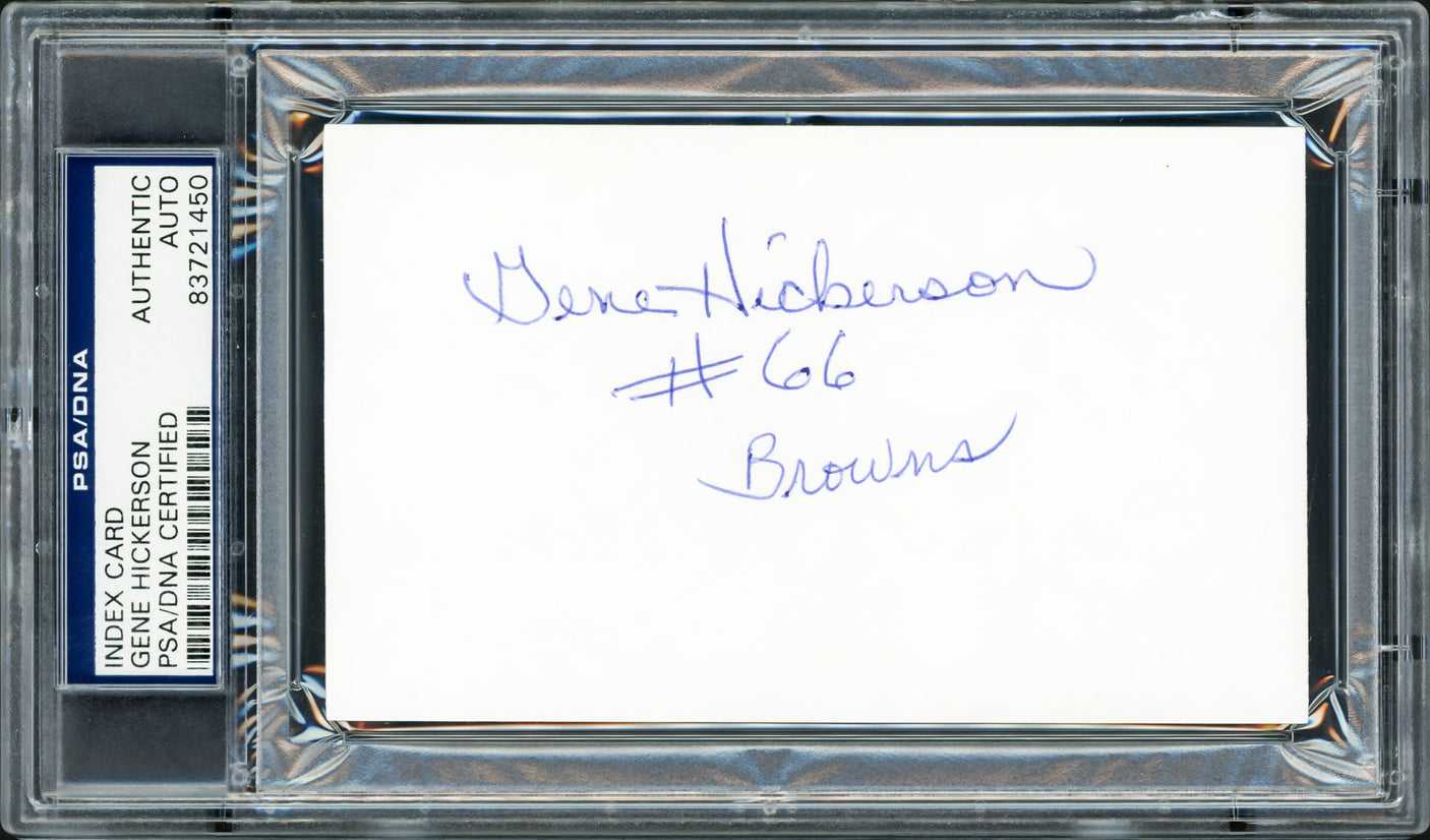 Gene Hickerson Autographed 3x5 Index Card Cleveland Browns Blue Sharpie PSA/DNA Stock #211343