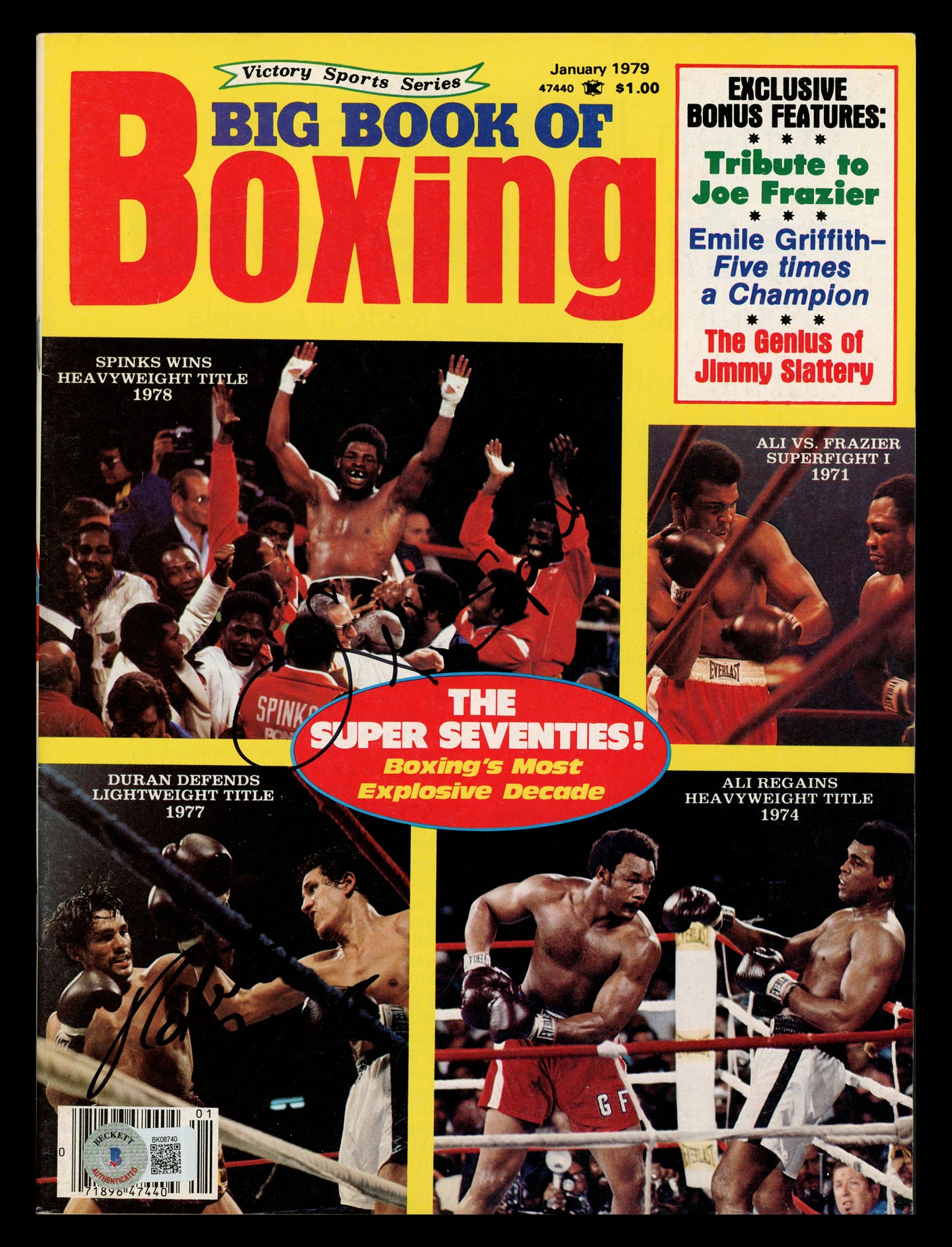 Roberto Duran & Leon Spinks Autographed Big Book of Boxing Magazine Beckett BAS QR #BK08740