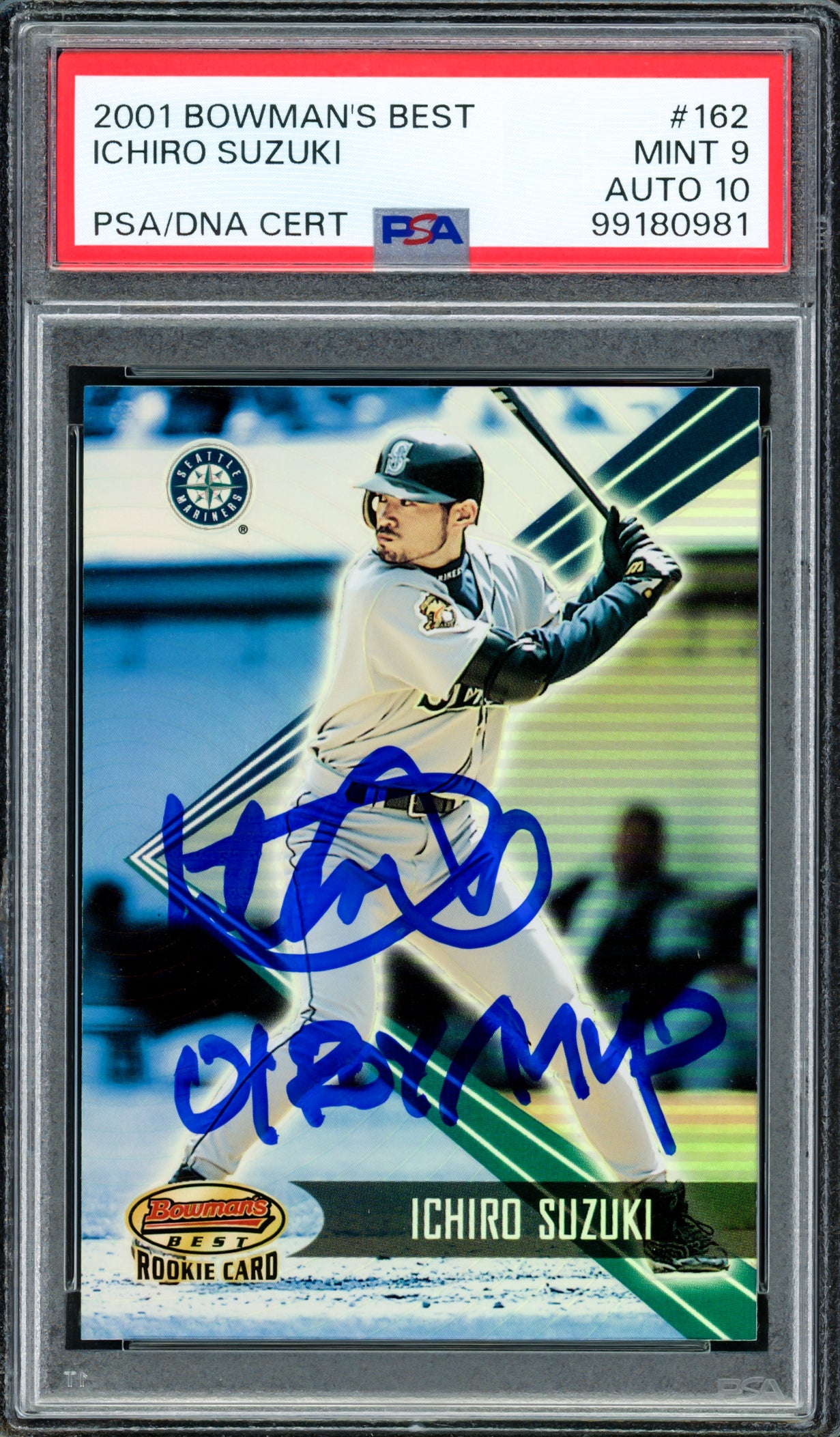 Ichiro Suzuki Autographed 2001 Bowman's Best Rookie Card #162 Seattle Mariners PSA 9 Auto Grade Gem Mint 10 "01 ROY/MVP" #1008/2999 PSA/DNA #99180981