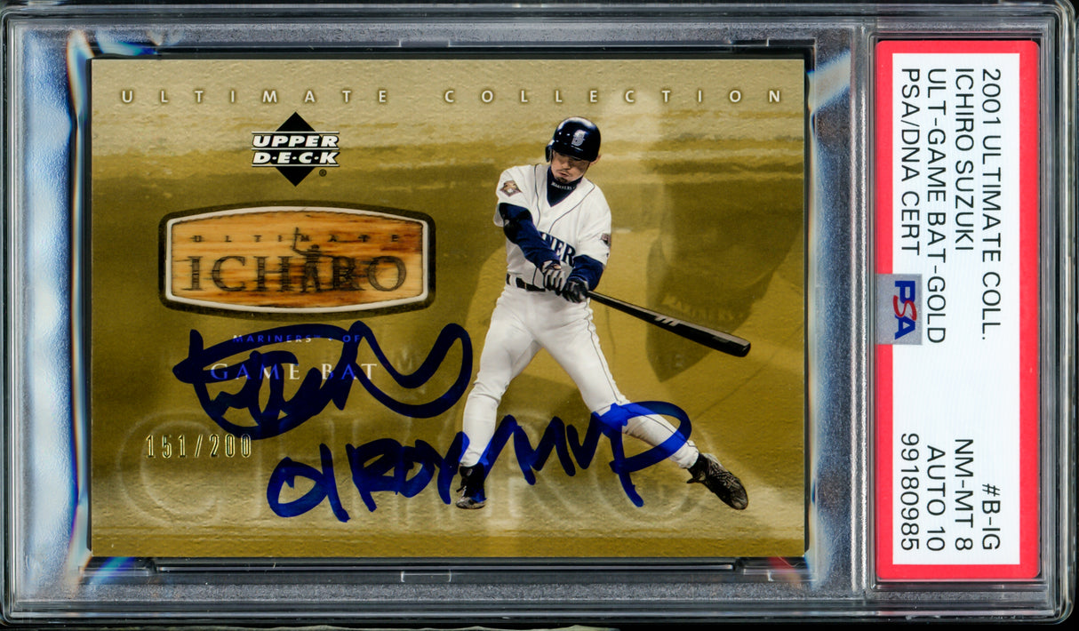 Ichiro Suzuki Autographed 2001 Upper Deck Ultimate Collection Gold Rookie Card #B-IG Seattle Mariners PSA 8 Auto Grade Gem Mint 10 "01 ROY/MVP" Game Used Bat Relic #151/200 PSA/DNA #99180985