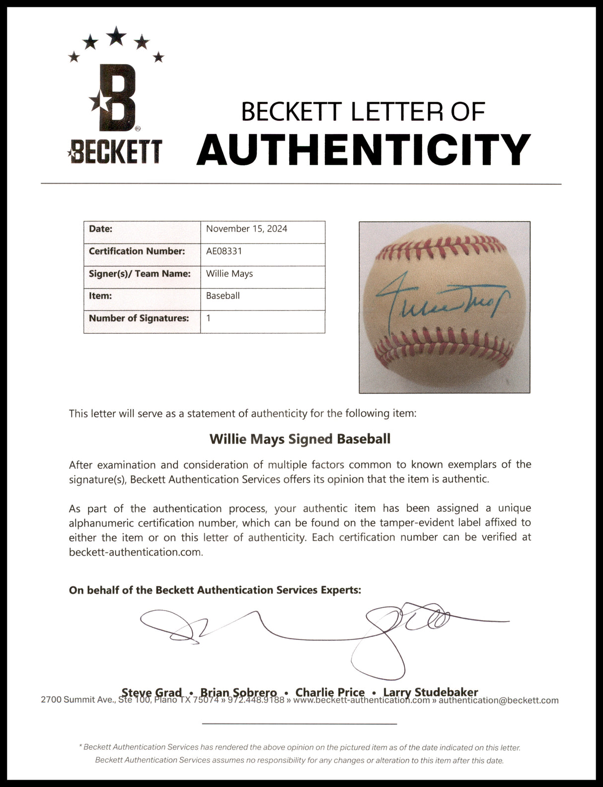 Willie Mays Autographed Official NL Baseball San Francisco Giants Beckett BAS #AE08331